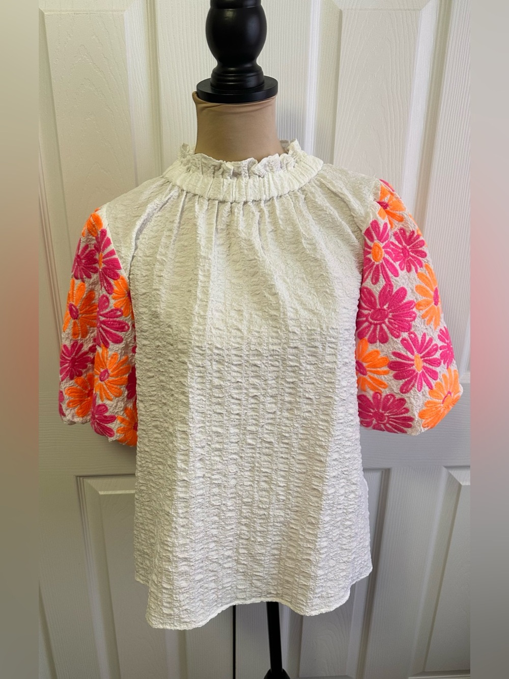 THML White Textured Blouse with Pink & Orange Floral Puff Sleeves